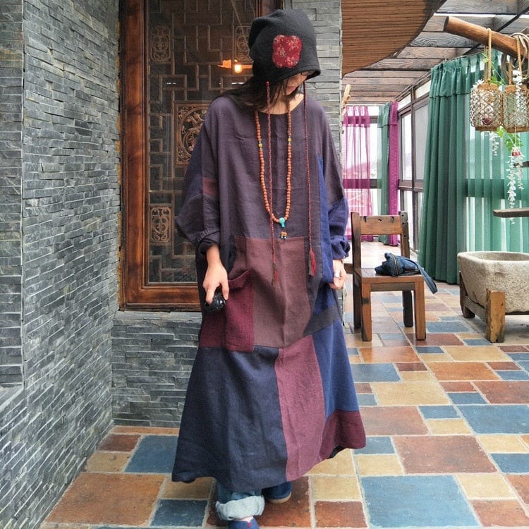 Buddha Trends Dress Navy / One Size Urban Hippie Patchwork Dress