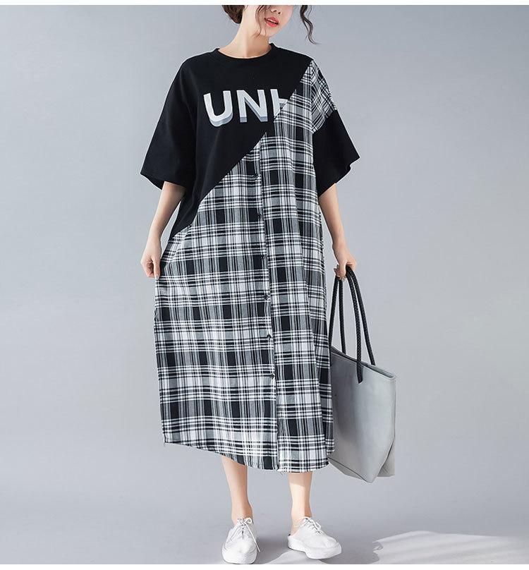 Buddha Trends Dress One Size / Black and White Korean Style Plaid Midi Dress