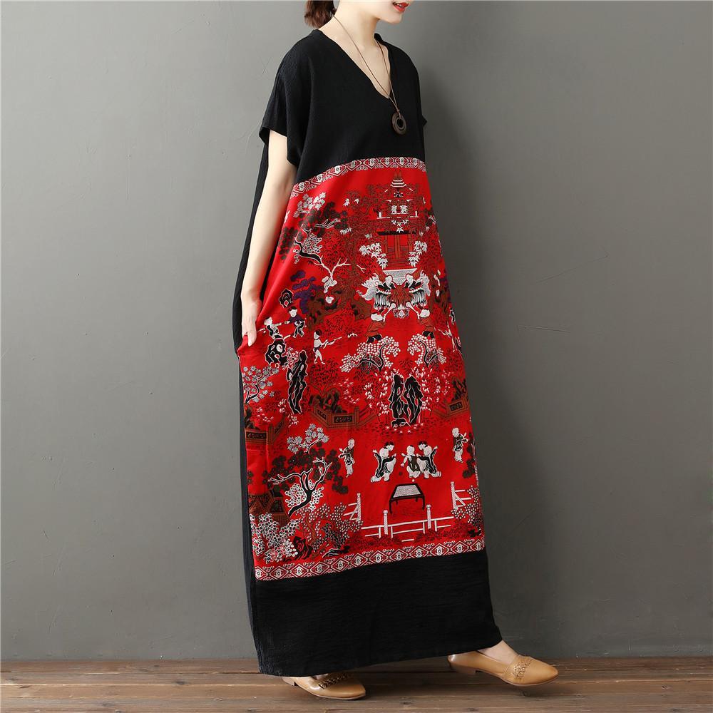 Buddha Trends Dress One Size / Black & Red Chinese Art Maxi Dress