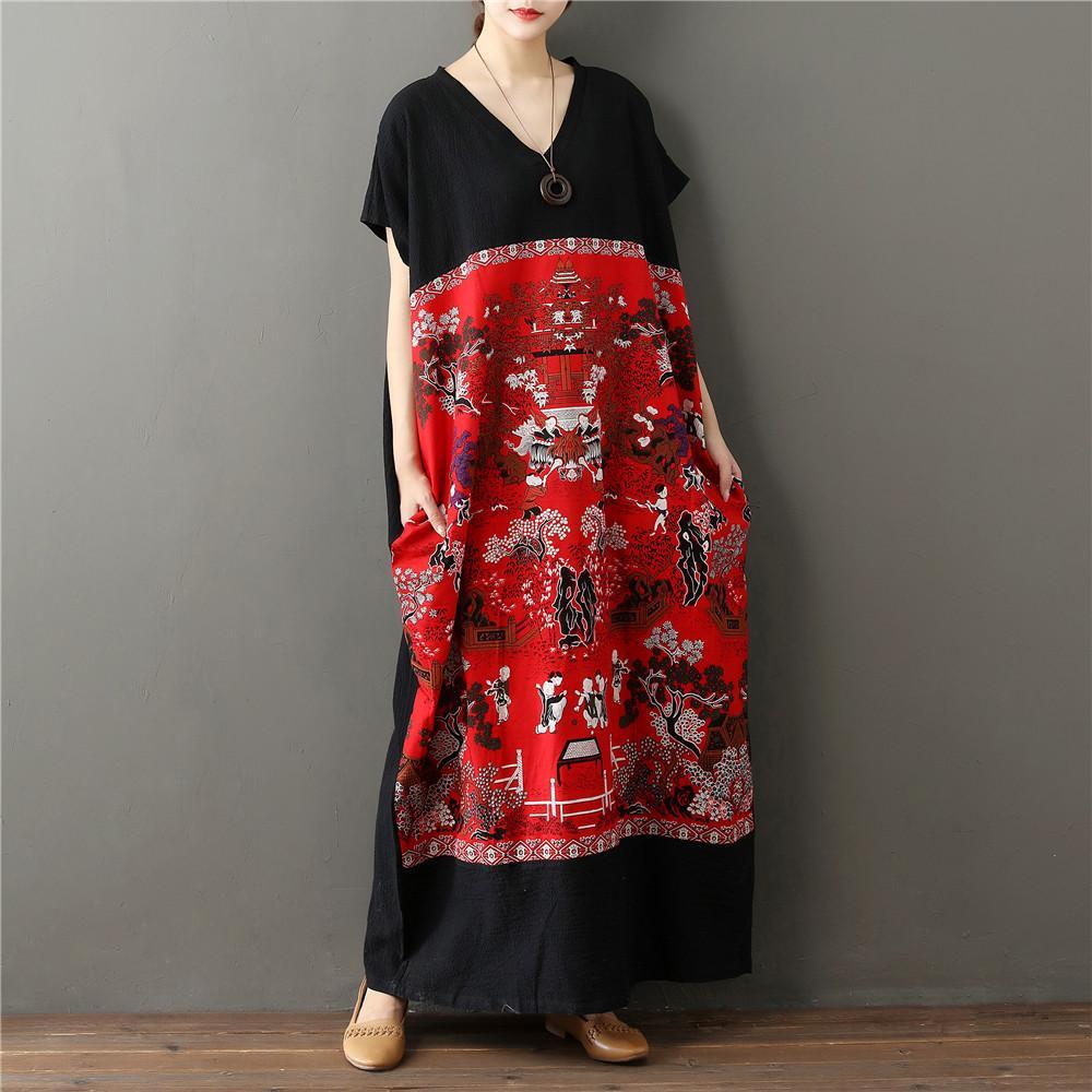 Buddha Trends Robe Taille Unique / Robe Maxi d'Art Chinois Noir et Rouge