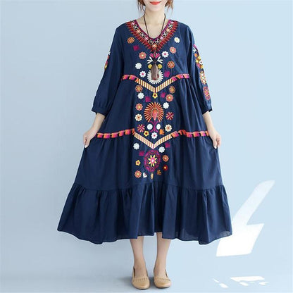 Vestido Buddha Trends One Size / Azul Brasileiro Bordado Bohemian Maxi Dress