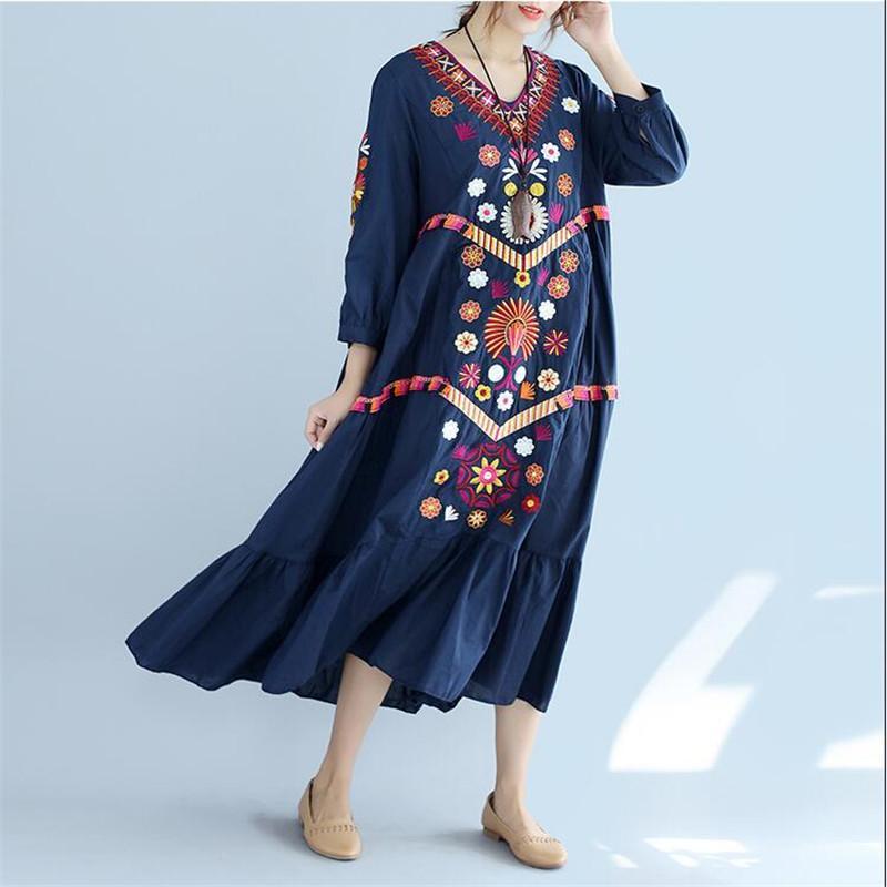 Buddha Trends Dress One Size / Modré brazilské výšivky Bohemian Maxi Dress