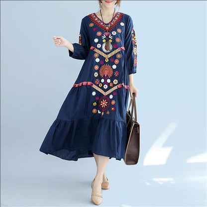 Buddha Trends Dress One Size / Blue Brazilian Embroidery Bohemian Maxi Dress