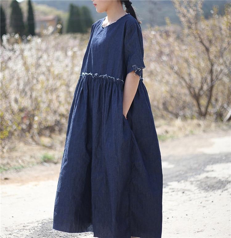 Buddha Trends Dress One Size / Modré ležérní volné džínové midi šaty