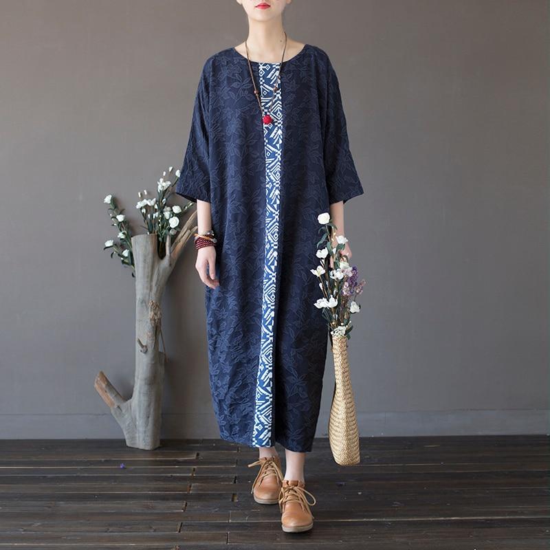 Buddha Trends Kleid, Einheitsgröße / Blau, dunkel- und hellblau, lässiges Baumwollkleid