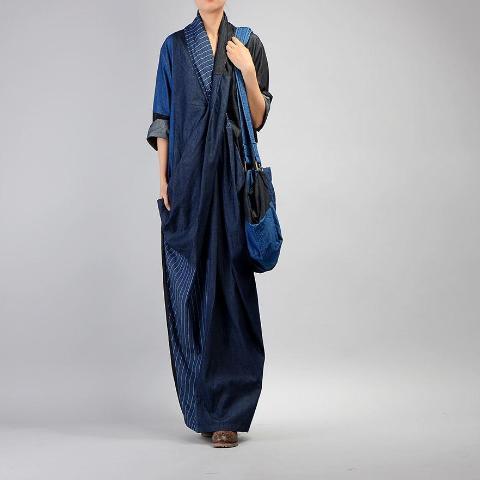 Buddha Trends Kleid Einheitsgröße / Blaues, langes Denim-Bleistiftkleid mit Patchwork | Nirwana