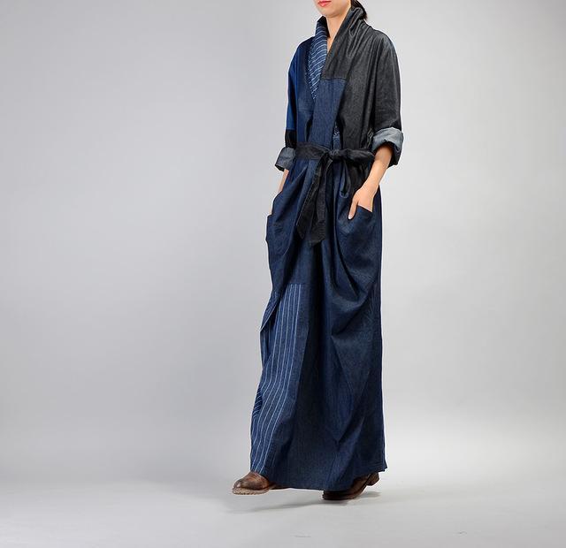 Buddha Trends Dress Taille unique / Robe crayon longue en jean bleu avec patchwork | Nirvana