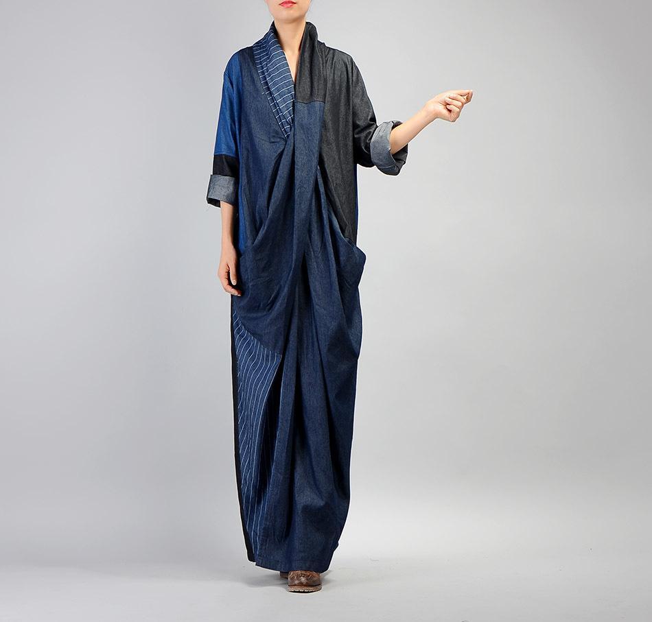 Patchworkowa długa dżinsowa sukienka ołówkowa | Nirwana