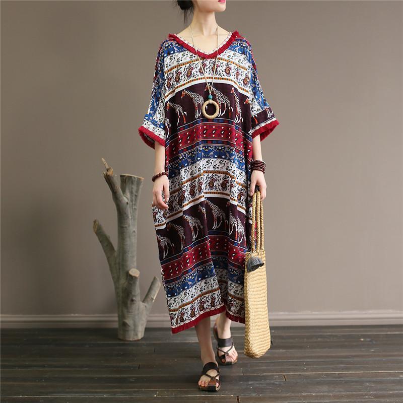 Buddha Trends Dress One Size / Multicolor afrikansk trykt midi-kjole med V-hals