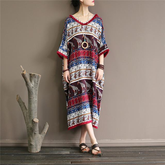 Buddha Trends Dress Satu Ukuran / Multicolor Afrika Dicetak V-neck Midi Dress