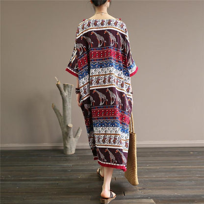 Buddha Trends Dress One Size / Multicolor afrikansk trykt midi-kjole med V-hals