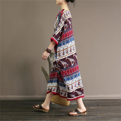Sukienka Buddha Trends Jeden rozmiar / Wielokolorowa sukienka midi z afrykańskim nadrukiem i dekoltem w szpic