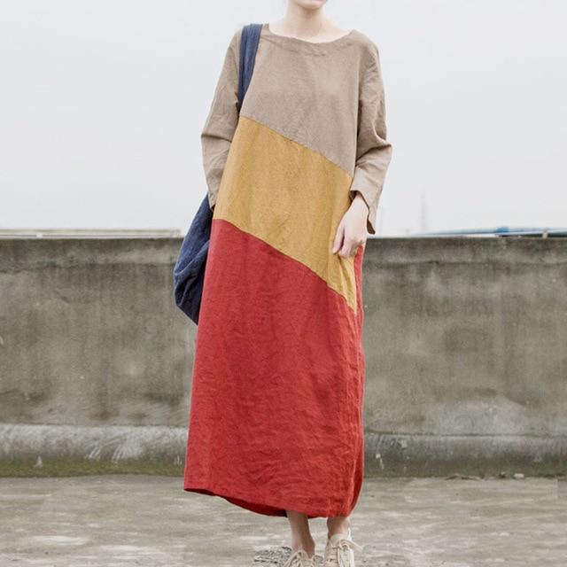فستان رامي بأكمام طويلة مرقع ثلاثي الألوان | لوتس