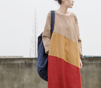 Tricolor Long Sleeve Patchwork Ramie Dress | Lotus