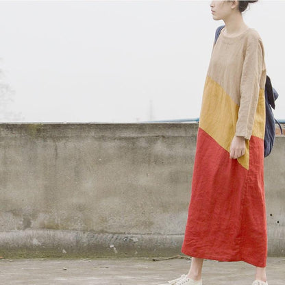 Tricolor Long Sleeve Patchwork Ramie Dress | Lotus