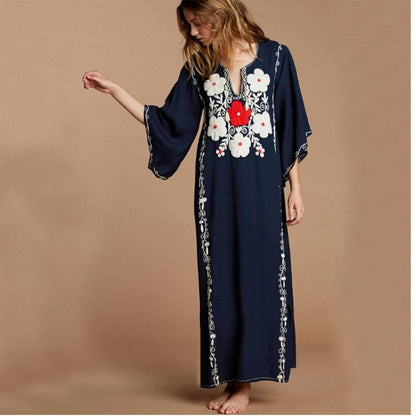 Buddha Trends Dress One Size / Navy Blue Boho Chic Floral Embroidered Kaftan Dress