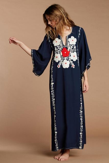 Buddha Trends Kleid Einheitsgröße / Marineblau Boho Chic Blumengesticktes Kaftan Kleid