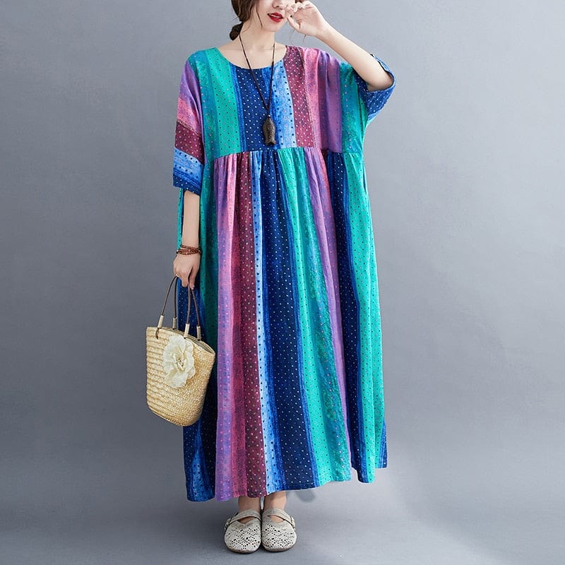 فستان بوذا ترندز مقاس واحد فستان مخطط بوهيمي كبير الحجم