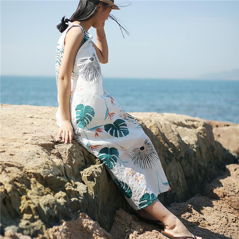 اتجاهات بوذا اللباس حجم واحد / طباعة الزهور البيضاء فستان الشمس السباغيتي حزام الأزهار المطبوعة