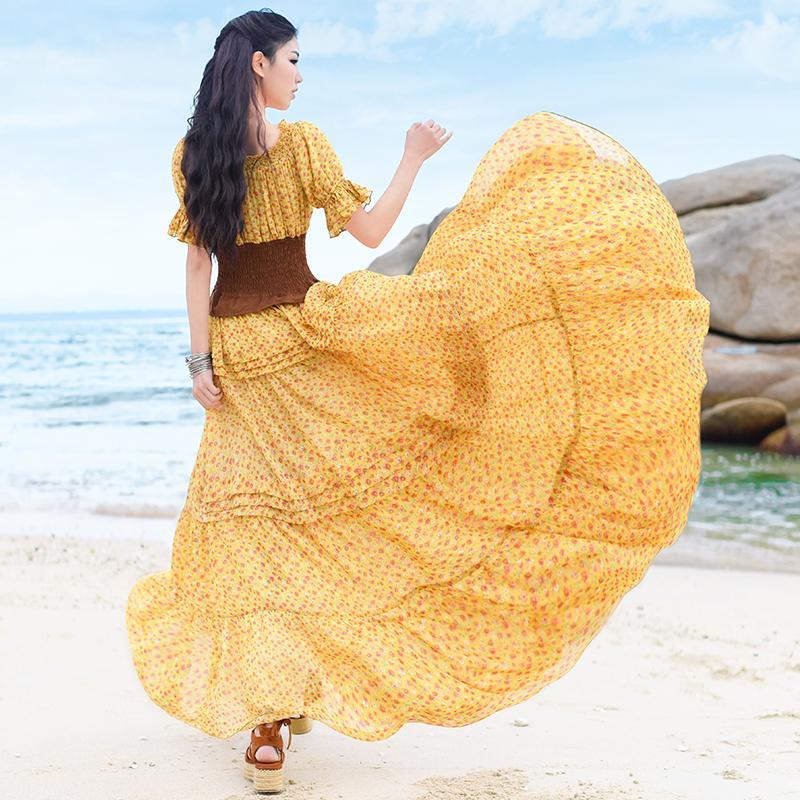 Vestido Camponês Vintage Amarelo Chiffon | Mandala