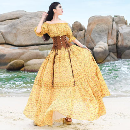 Vestido Camponês Vintage Amarelo Chiffon | Mandala
