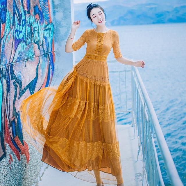 Buddha Trends Dress Orange / L Boho Fairy Lace Elegante Slim Dress | Mandala
