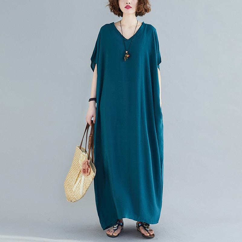 Buddha Trends Kleid Pfauenblau / Einheitsgröße V-Ausschnitt Fledermausärmel Solide Robe