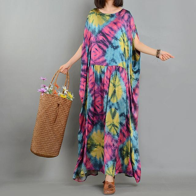 Buddha Trends Dress Pink / One Size Colorful Short Sleeve Long Hippie Maxi Dress