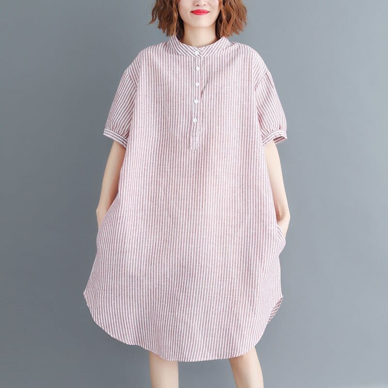 Buddha Trends Dress Pink / One Size Vintage Striped Oversized Shirt Dress