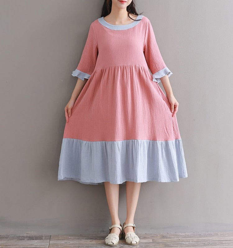 Φόρεμα Buddha Trends Pink / S Empire Waist Vintage Midi Φόρεμα