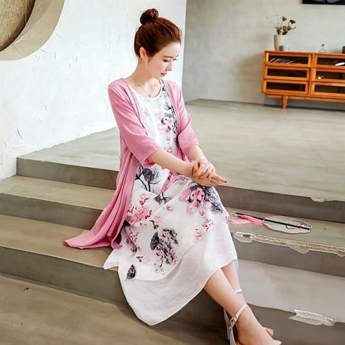 Buddha Trends Dress Pink / S Midi Floral Dress + Cardigan | OOTD