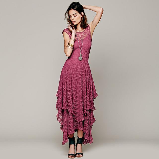 Buddha Trends Dress Pink / XL Layered Uregelmessig Lace Bohemian kjoler