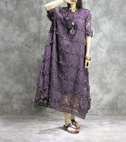 Buddha Trends Dress Purple / One Size Asymmetrical Lace Midi Dress