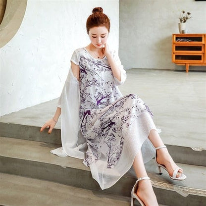 Buddha Trends Dress violet / S Midi Floral Dress + Cardigan | OOTD