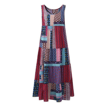 Φόρεμα Buddha Trends Red / 3XL Loose Patchwork Print Αμάνικο φόρεμα Hippie