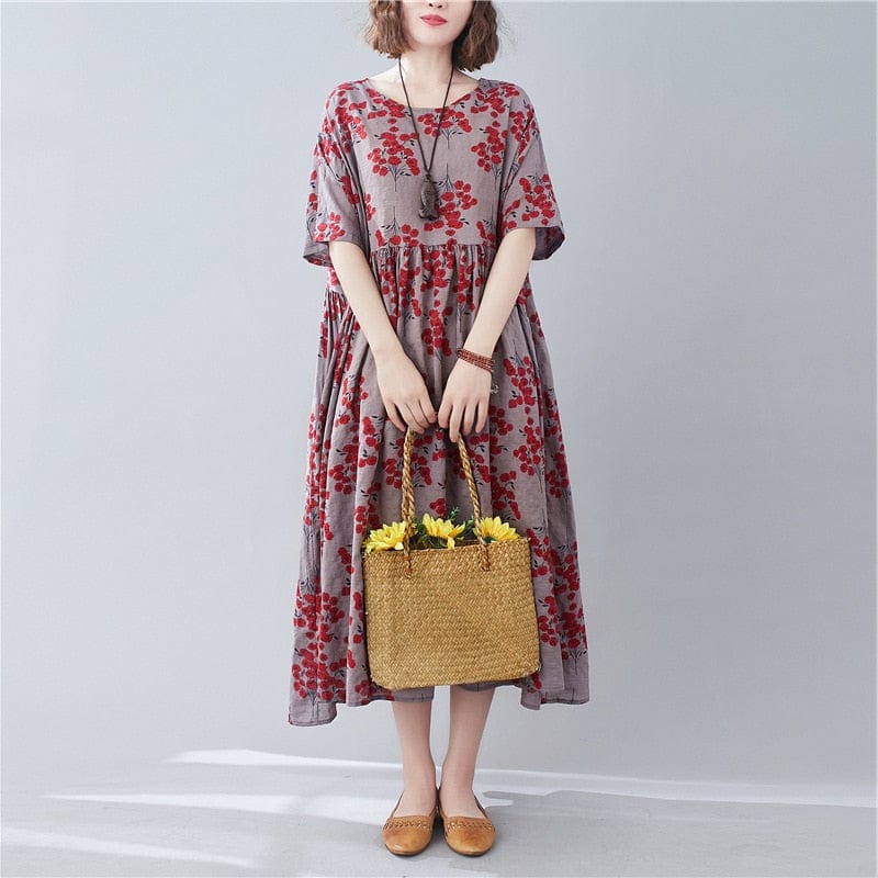 Φόρεμα Buddha Trends Red and Grey / Φόρεμα One Size Floral Modesty Empire Waist T-shirt