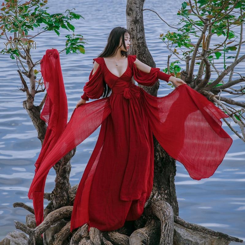 Vestido longo assimétrico com bandagem vermelha | Mandala