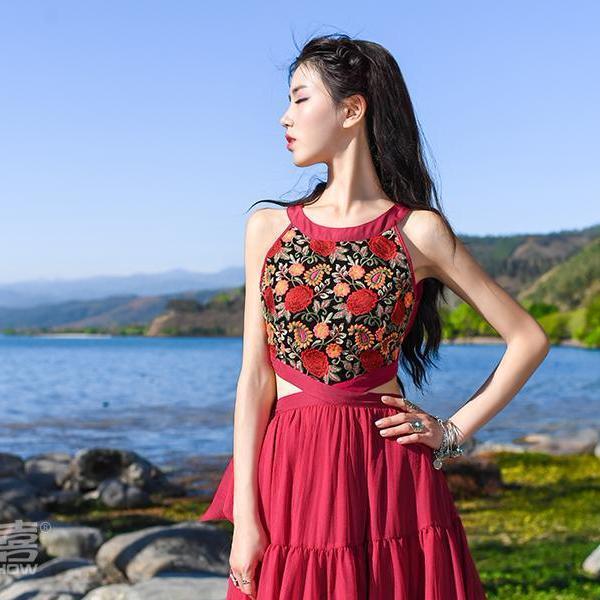 Buddha Trends Dress Red Bohemian Chiffon Maxi Dress | Mandala