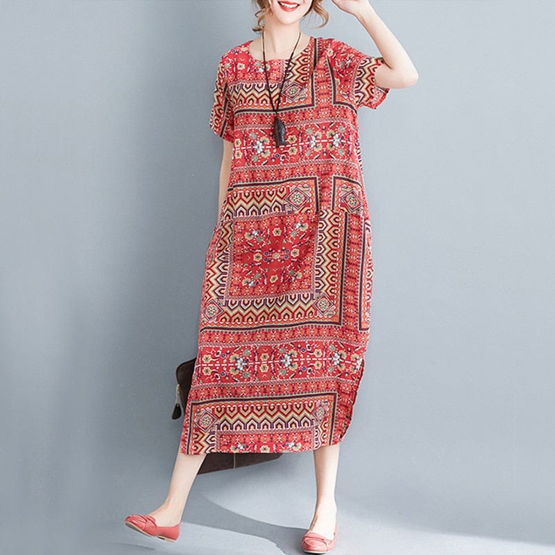Buddha Trends Dress Red / L Casual Short Sleeve Loose Printed Dress