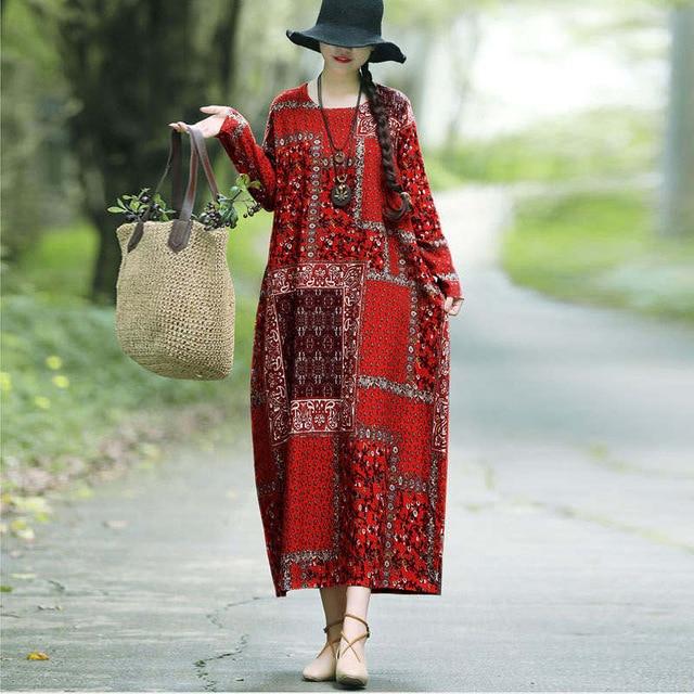 Buddha Trends Dress Merah / L Pedesaan Patchwork Print Midi Dress