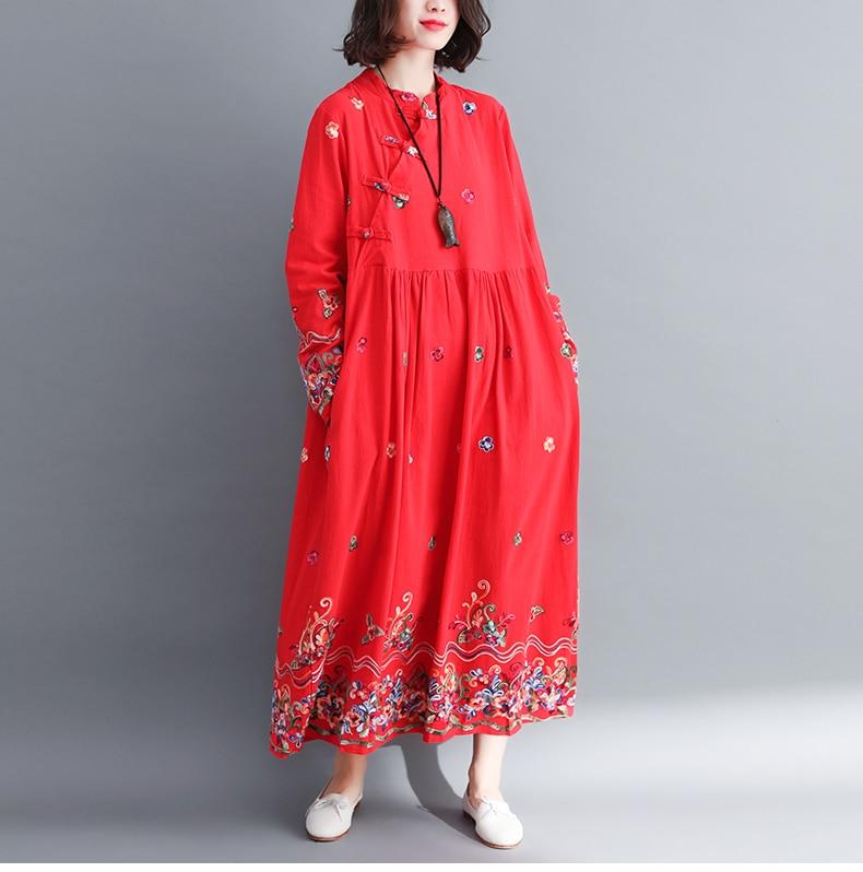 Buddha Trends Dress Red / M Floral Embroidered Modern Chinese Dress