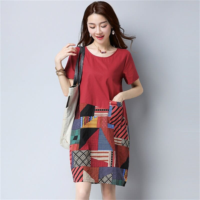 Buddha Trends Dress Red / M Folk Print Short Sleeves Shirt Dress