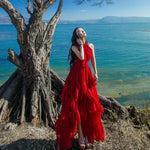 فستان ماكسي شيفون أحمر مكشوف الأكتاف | ماندالا