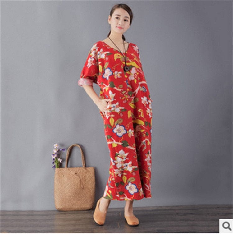 Buddha Trends Kleid Rot / One Size Vögel und Blumen Vintage Midi Kleid