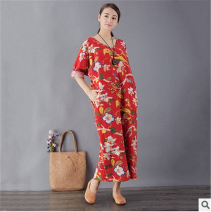Buddha Trends Dress Red / One Size Birds and Flowers Sukienka midi w stylu vintage