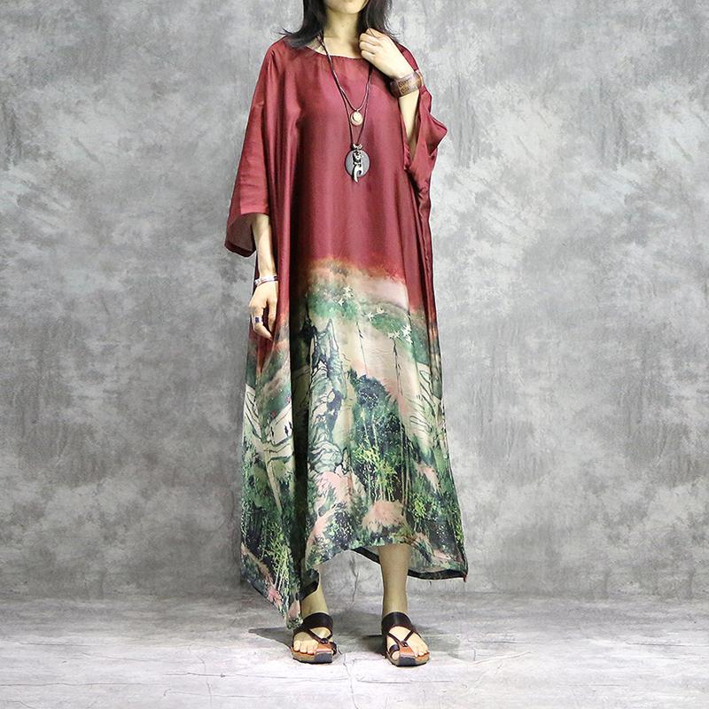 Buddha Trends Dress Red / One Size Chinese Landscape Gradient Midi Dress