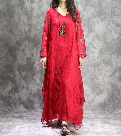 Buddha Trends Платье Красное / одноразмерное макси-платье в стиле ретро с цветочной вышивкой | Нирвана