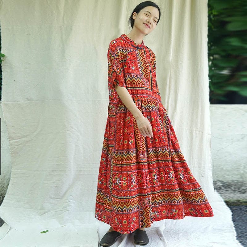 Buddha Trends Dress Red / One Size Tribe Floral Midi Dress | Hippie