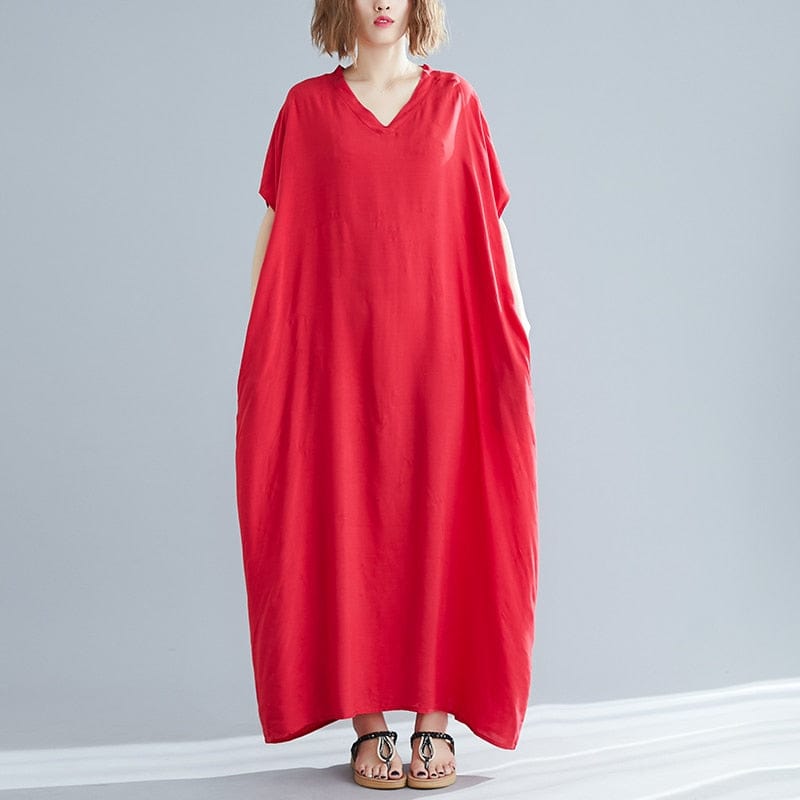 Buddha Trends Dress Red / One Size V-Neck Batwing Sleeve Solid Robe