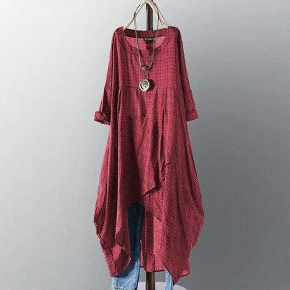 Buddha Trends Dress Rouge / XXL Robe Chemise Asymétrique Décontractée Manches Longues